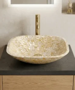 Handmade Mother of Pearl inlay square wash basin with decorative design in modern washroom