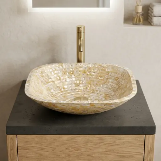 Handmade Mother of Pearl inlay square wash basin with decorative design in modern washroom