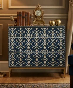 Ikat Navy Blue Bone Inlay Chest of 3 Drawers