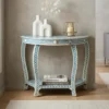 Light blue bone inlay demilune console table for luxury home decor