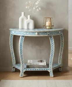 Light blue bone inlay demilune console table for luxury home decor