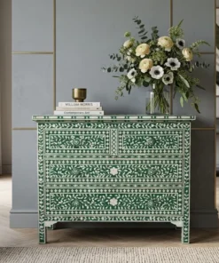 Luxurious Bone inlay floral design 4 drawer chest green color placed in modern living room with decor