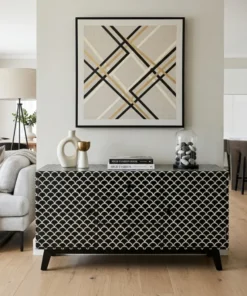 Handcrafted Mother of Pearl Sideboard / Black Buffet Table in modern living room