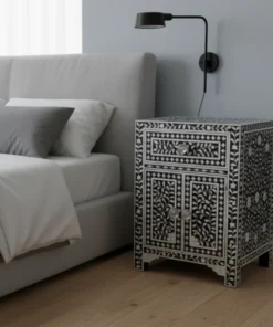 Mother of Pearl Inlay 1 Drawer 2 Door Bedside Black Color in Grey Bedroom