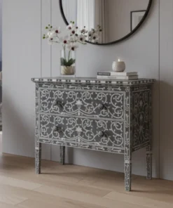 Handcrafted Mother of Pearl Inlay 2 Drawer Lotus Design Chest Grey Color placed in livingroom