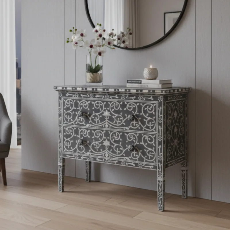 mother-of-pearl-inlay-2-drawer-lotus-design-chest-grey-color Handcrafted Mother of Pearl Inlay 2 Drawer Lotus Design Chest Grey Color placed in livingroom