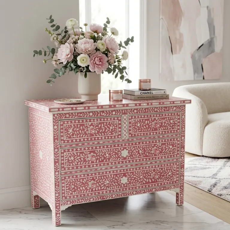 mother-of-pearl-inlay-4-drawer-chest-dark-pink-living-room Mother of pearl inlay 4 drawer chest in dark pink placed in modern living room with flower & vase decor