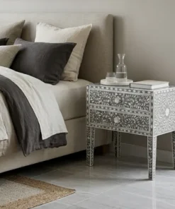 Mother of Pearl Inlay Grey 2 Drawer Floral Nightstand for luxury bedroom furniture