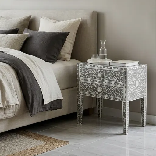 Mother of Pearl Inlay Grey 2 Drawer Floral Nightstand for luxury bedroom furniture