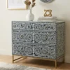 Navy Blue Bone Inlay 3 Drawer Chest Sideboard placed in modern living room with vase decor