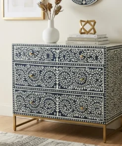 Navy Blue Bone Inlay 3 Drawer Chest Sideboard placed in modern living room with vase decor