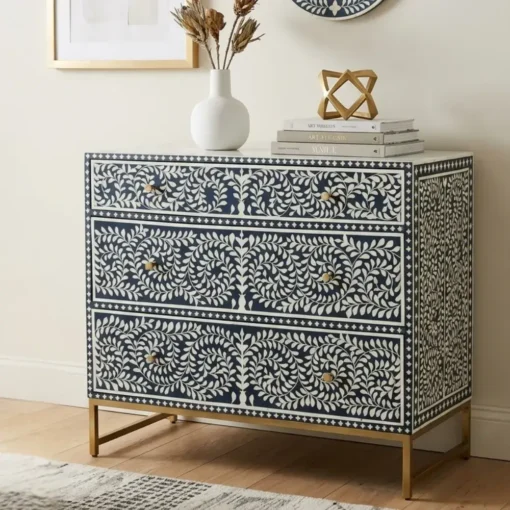 Buy Navy Blue Bone Inlay 3 Drawer Chest | Sideboard USA Buy Navy Blue Bone Inlay 3 Drawer Chest | Sideboard USA