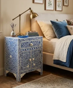 Navy Blue Bone Inlay Nightstand with Storage