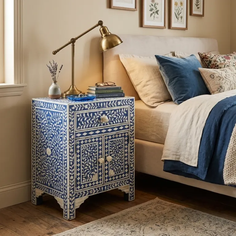 navy-blue-bone-inlay-nightstand-with-storage Navy Blue Bone Inlay Nightstand with Storage