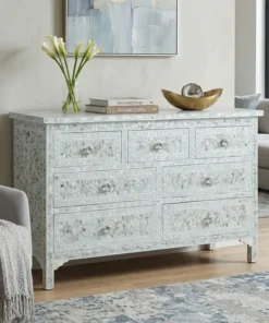 Pale Blue Mother of Pearl Inlay Chest Of 7 Drawers placed in modern living with interior