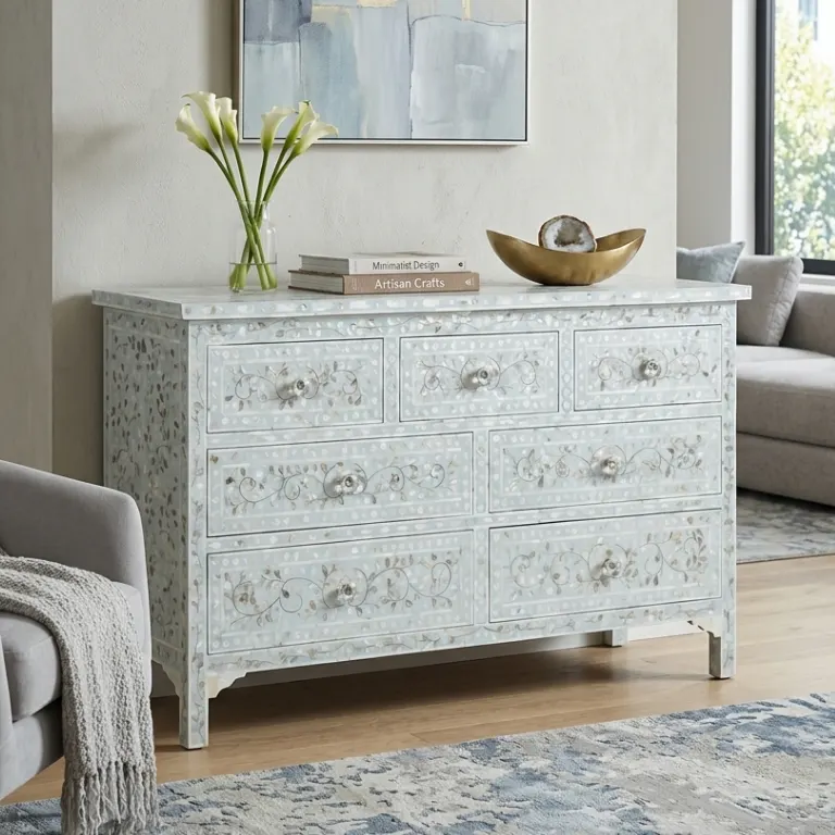 Pale Blue Mother of Pearl Inlay Chest Of 7 Drawers placed in modern living with interior