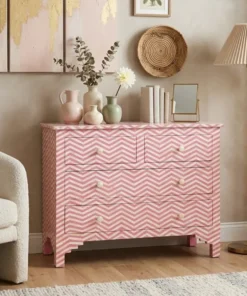 pink bone inlay 4 drawer chest in cozy living room with home décor