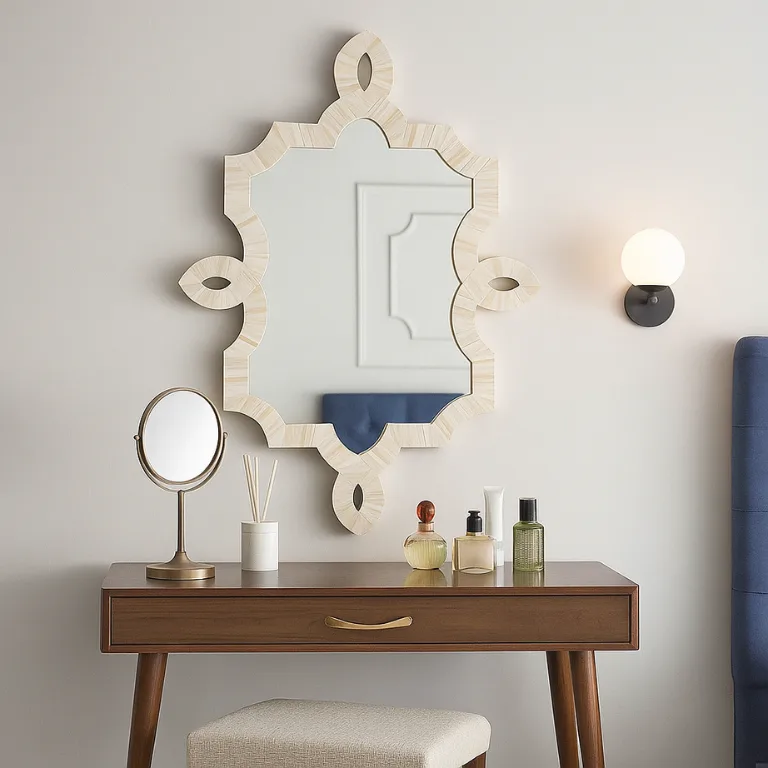 Traditional White Bone Inlay Wall Mirror in Modern vanity room