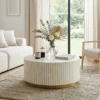 White Bone Inlay Round Coffee Table, Free Shipping, stripe design, bass base placed in living room with décor items