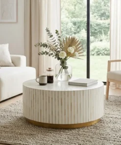 White Bone Inlay Round Coffee Table, Free Shipping, stripe design, bass base placed in living room with décor items