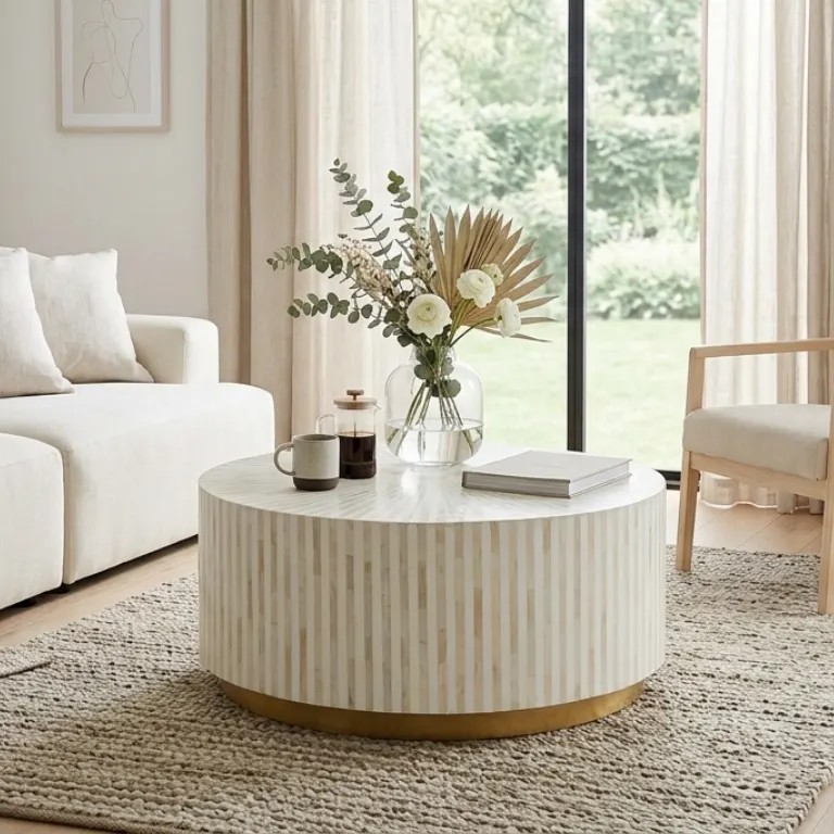 white-bone-inlay-round-coffee-table 768x768 White Bone Inlay Round Coffee Table, Free Shipping, stripe design, bass base placed in living room with décor items