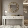 White Mother Of Pearl Inlay Floral 3 Drawer Console Table placed in luxury entryway with round wall mirror