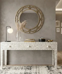 White Mother Of Pearl Inlay Floral 3 Drawer Console Table placed in luxury entryway with round wall mirror