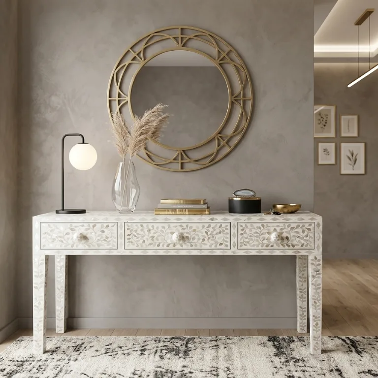 White Mother Of Pearl Inlay Floral 3 Drawer Console Table placed in luxury entryway with round wall mirror