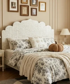 Handmade White Mother of Pearl Inlay Bed Headboard in Modern Bedroom