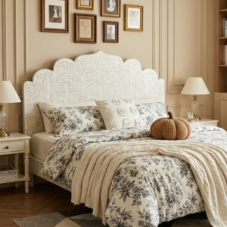 Handmade White Mother of Pearl Inlay Bed Headboard in Modern Bedroom
