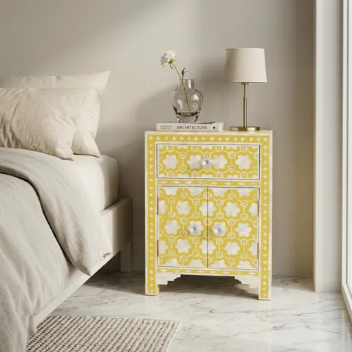 Yellow bone inlay decorative storage bedside table in contemporary bedroom with bed