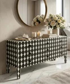 Bone Inlay Black Decorative Chest of 9 Drawers with handcrafted inlay design placed in luxury bedroom