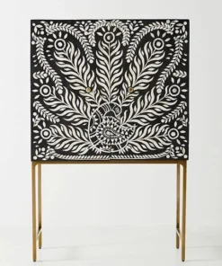 Bone Inlay Peacock Design Black Bar Cabinet