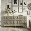Handmade Black Bone Inlay 4 Door Sideboard in modern living room with wall decor items