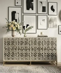 Handmade Black Bone Inlay 4 Door Sideboard in modern living room with wall decor items