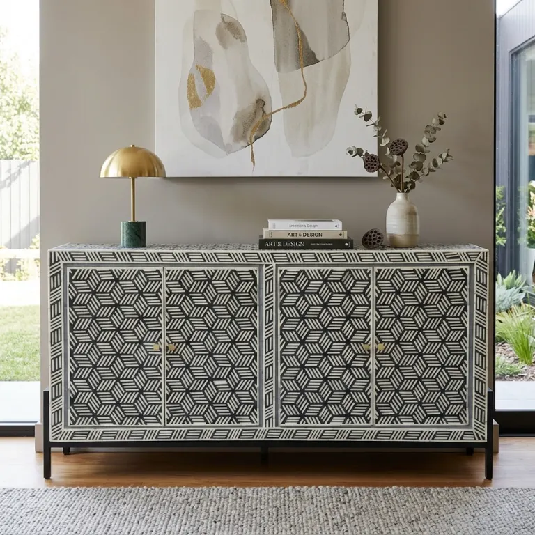black-bone-inlay-buffer-sideboard Bone Inlay Sideboard 4 Door in modern living room