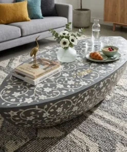Grey Mother of Pearl Inlay Boat Shaped Center Table designed for luxury interiors and everyday living