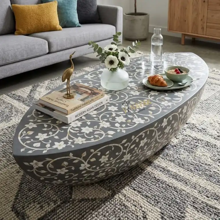 grey-mother-of-pearl-boat-shape-coffee-table Grey Mother of Pearl Inlay Boat Shaped Center Table designed for luxury interiors and everyday living