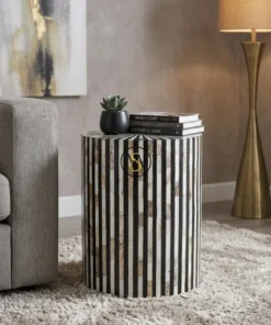 Black Mother of Pearl stripe design round side table with handmade inlay finish
