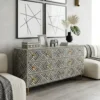 Black And White Bone Inlay 9 Drawer Sideboard placed in modern living room with beige sofa