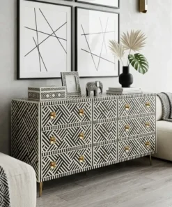 Black And White Bone Inlay 9 Drawer Sideboard placed in modern living room with beige sofa