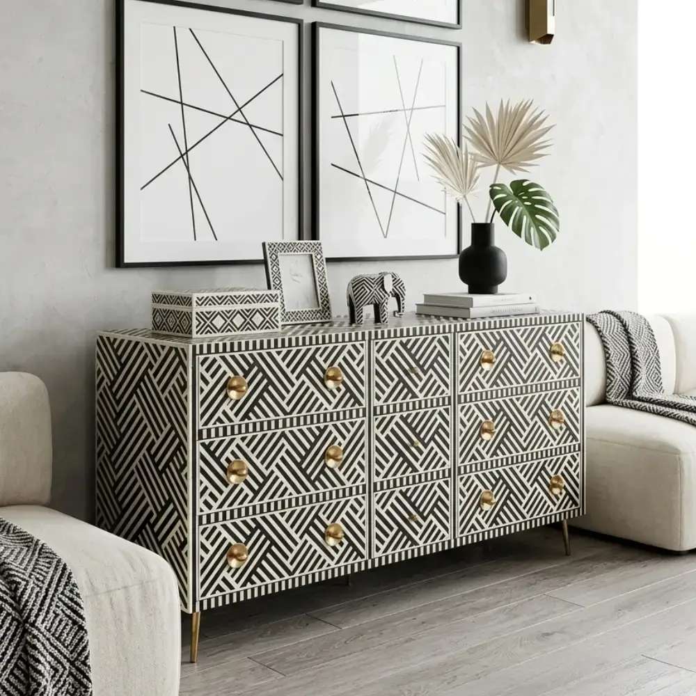black-white-bone-inlay-sideboard-uk-homes (1) Black And White Bone Inlay 9 Drawer Sideboard placed in modern living room with beige sofa