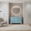 Bone Inlay 6 Drawer Geometry Design Dresser placed in modern dressing room. with sofa and round mirror