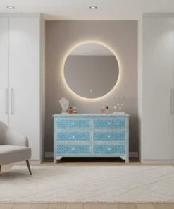 Bone Inlay 6 Drawer Geometry Design Dresser placed in modern dressing room. with sofa and round mirror