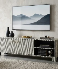 Bone Inlay TV Cabinet Chevron Design Black Color with decor items and led tv