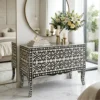 Bone Inlay Black Iberia Design 2 Drawer Chest Dresser set in luxury hotel suite room with round wall mirror & decor items