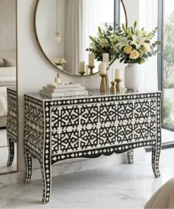 Bone Inlay Black Iberia Design 2 Drawer Chest Dresser set in luxury hotel suite room with round wall mirror & decor items