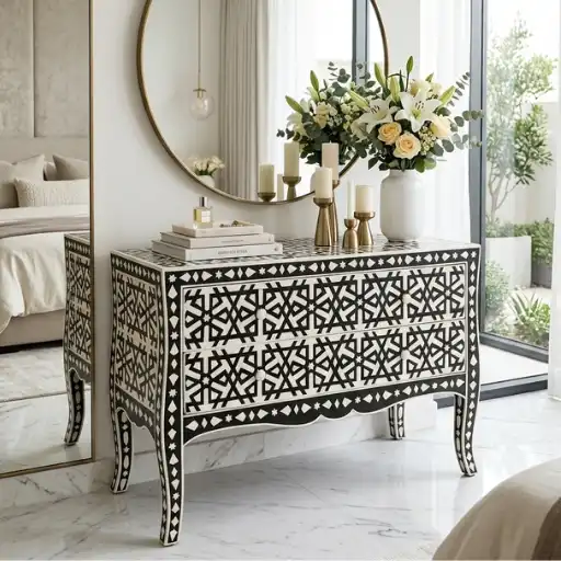 Bone Inlay Black Iberia Design 2 Drawer Chest Dresser set in luxury hotel suite room with round wall mirror & decor items