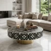Bone Inlay Decorative Black Round Coffee Table in modern living room