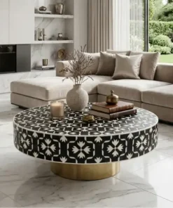 Bone Inlay Decorative Black Round Coffee Table in modern living room